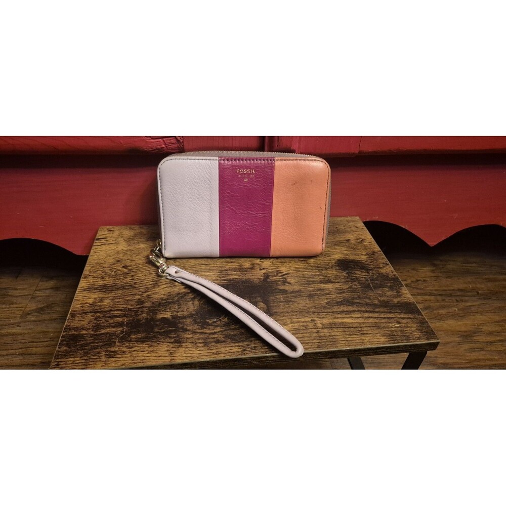 Fossil Vintage Zip Around Purple Coral Pink Colorblock Wallet Wristlet 6x4 EUC